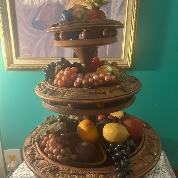 Vintage‎ MCM Handcarved Wood Tiered Lazy Susan Faux Fruit 60s - Picture 1 of 12